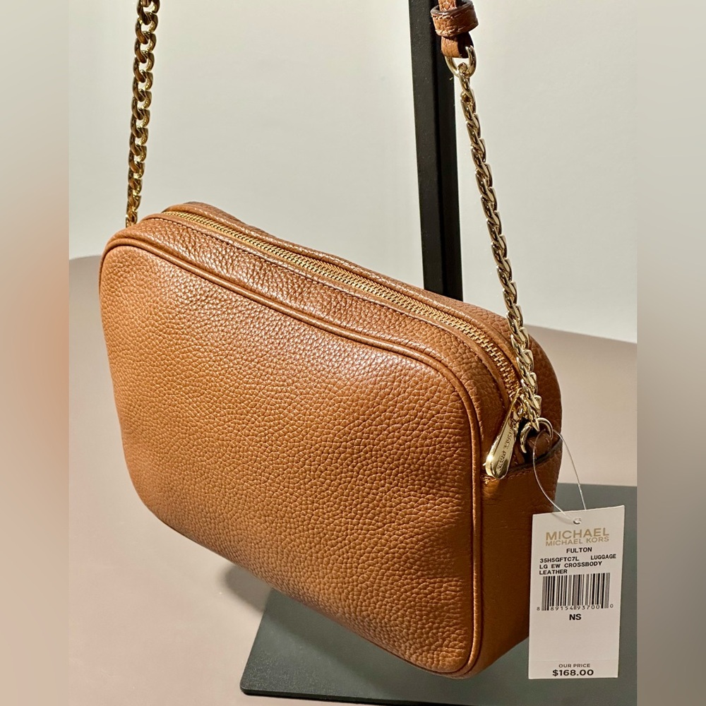 NEW MICHAEL Michael Kors Fulton Brown Crossbody Pebble Leather Chain Bag - Picture 6 of 10